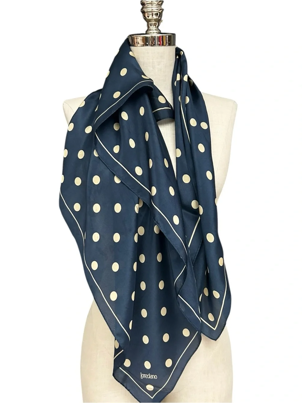 Loredano Navy Polka Dot Silk Scarf Square 35x34 Designer Italy